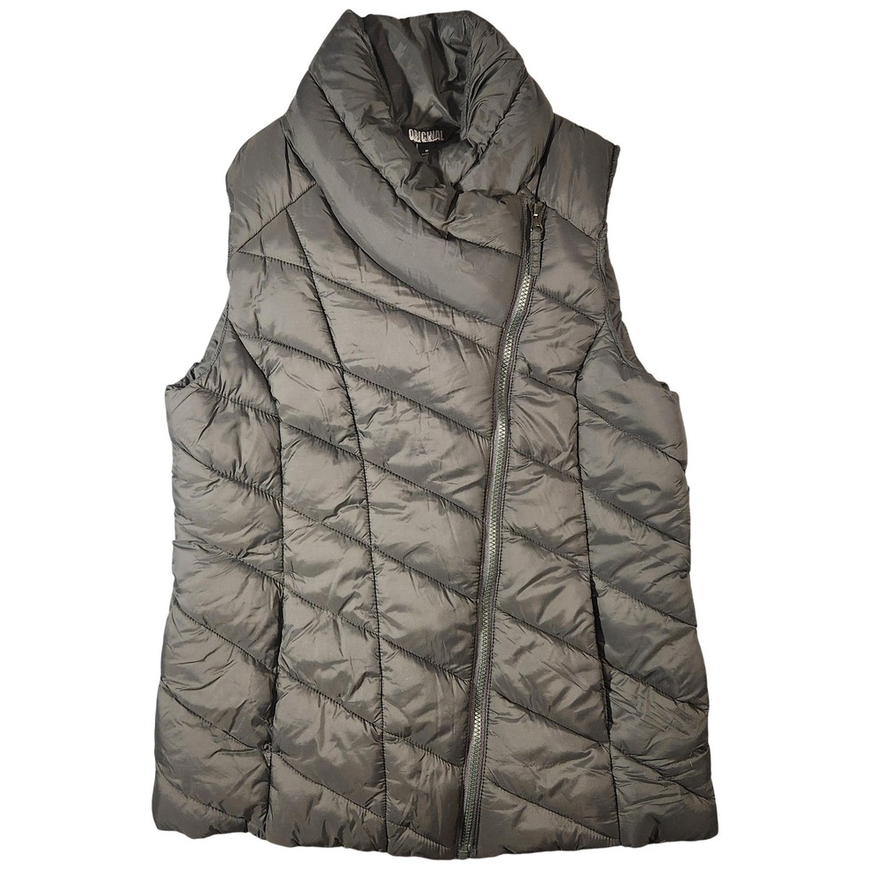 Original Puffer Vest Womens Medium Gray Asym Zip Funnel Neck Diagonal‎ Quilted